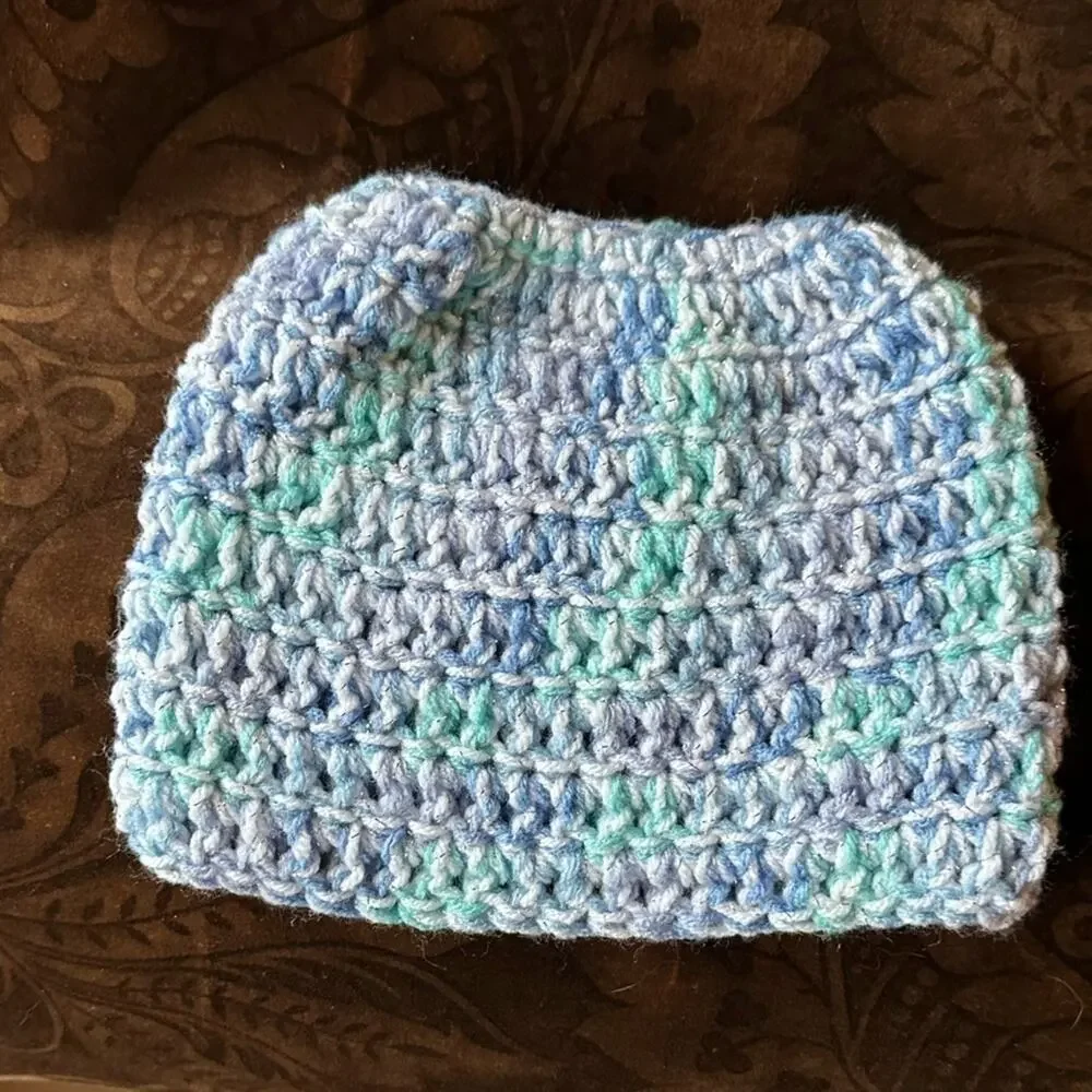 Ponytail hole crochet hat Silver tinsel pastel and white handmade acrylic